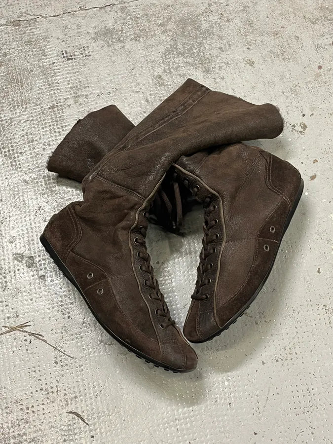 2000s Prada Brown Suede Ankle Boxing Leather Boots yAYRmkd 1