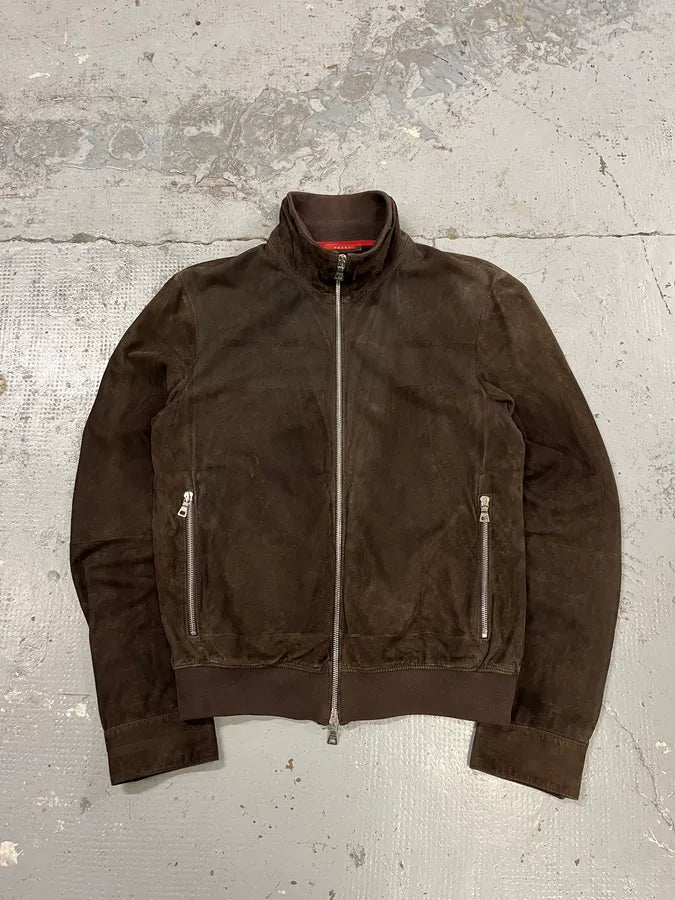 2000s Prada Brown Suede Leather Zip-up Jacket niSKLAr 0