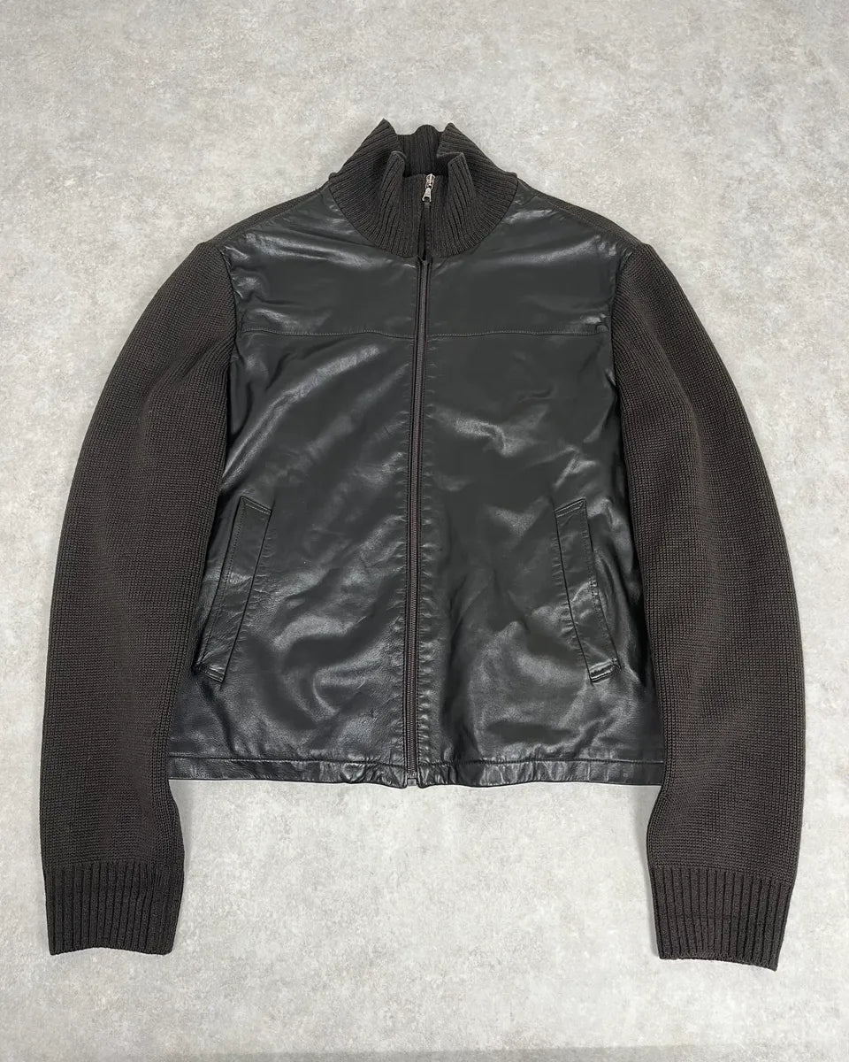 2000s Prada Brown Wool & Black Front Leather Jacket pXJKPAP 0