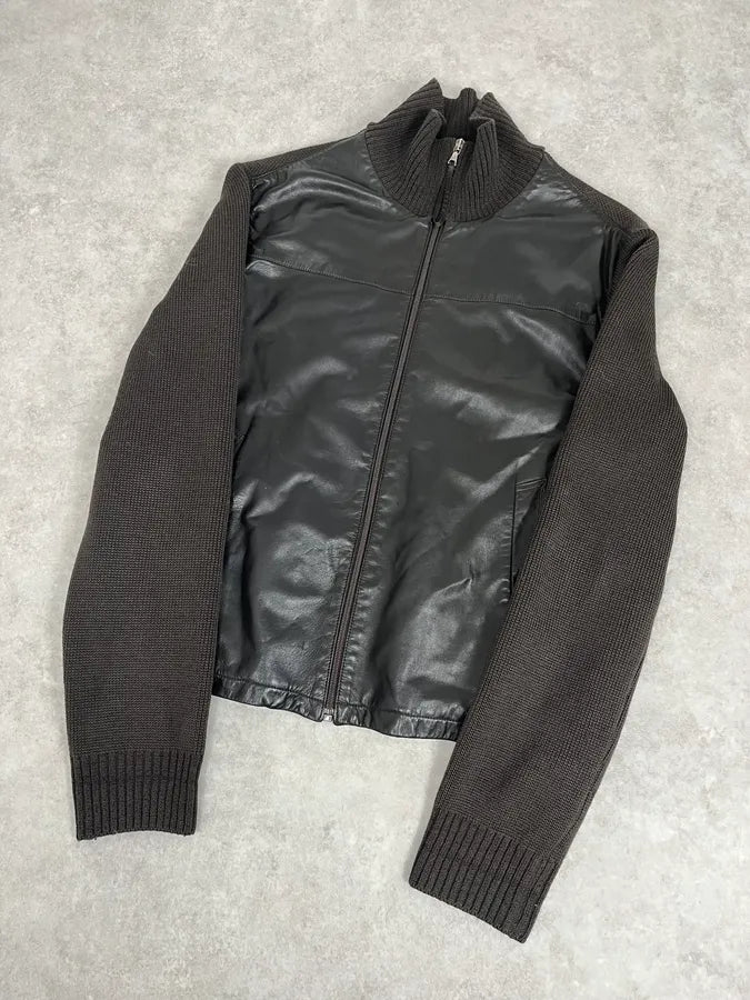 2000s Prada Brown Wool & Black Front Leather Jacket pXJKPAP 3