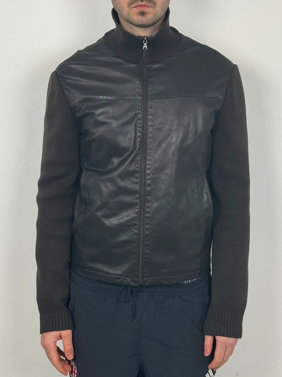 2000s Prada Brown Wool & Black Front Leather Jacket pXJKPAP 1