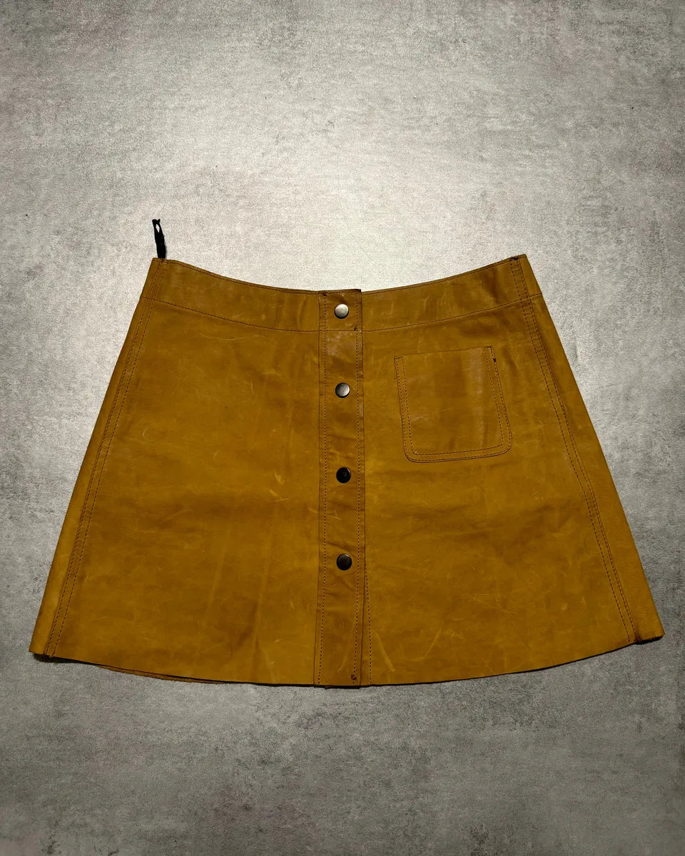 2000s Prada Camel Leather Buttoned Skirt (XS) 0