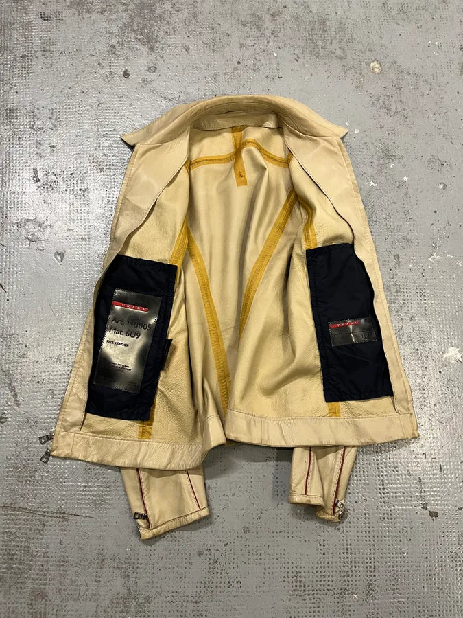 2000s Prada Creamy White Biker Leather Jacket fkPQZOW 11