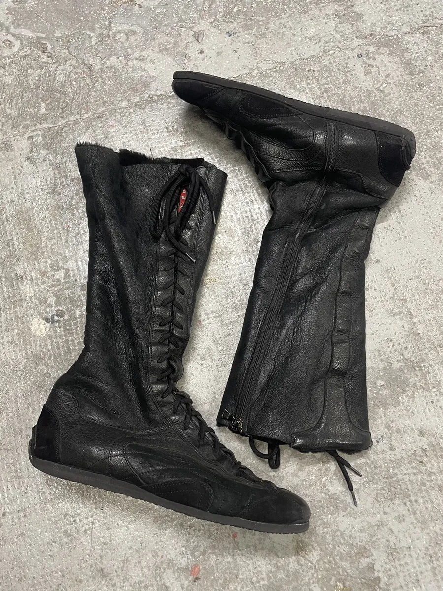 2000s Prada Dark Ankle Leather Laced Fur Boots (40eu/us7) 0