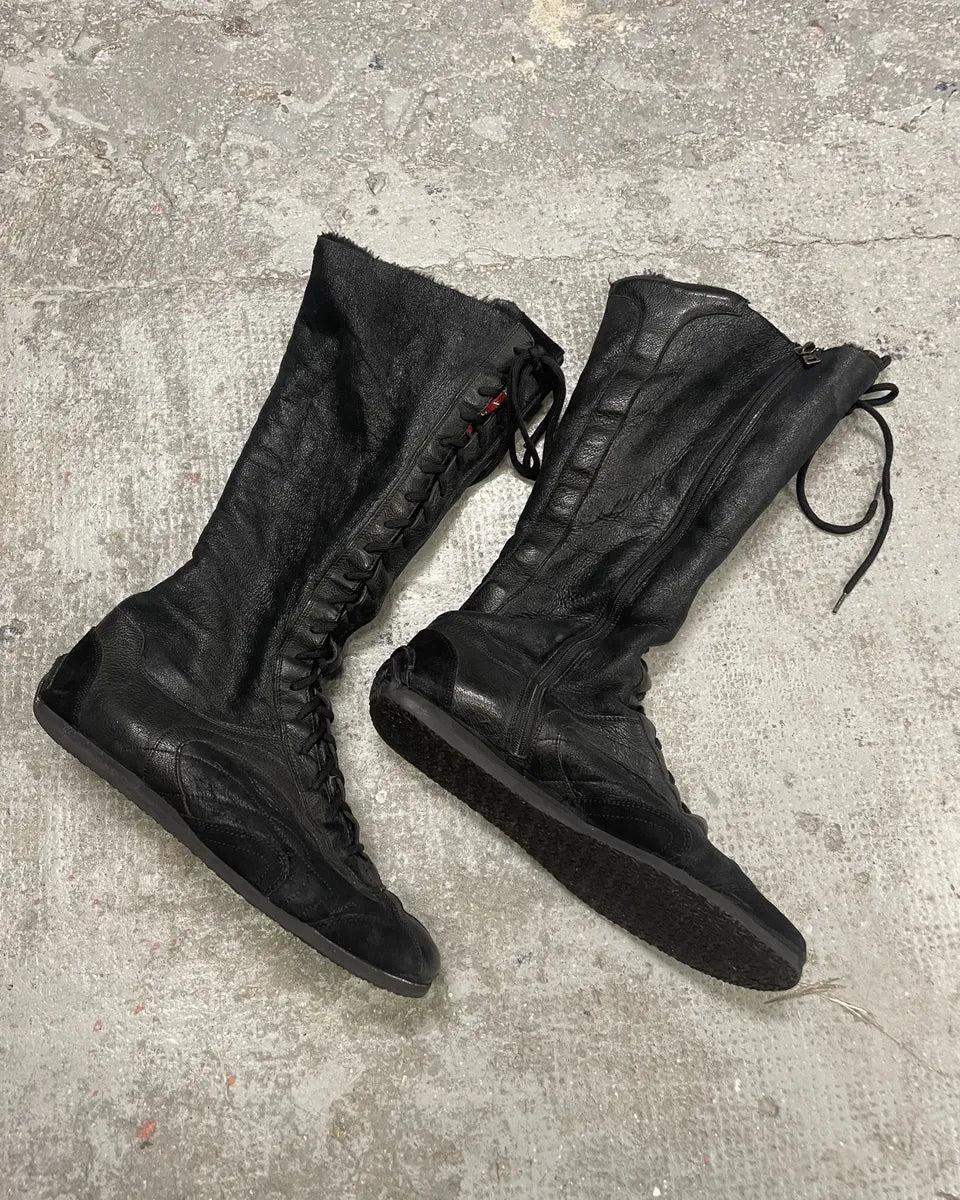 2000s Prada Dark Ankle Leather Laced Fur Boots (40eu/us7) 1