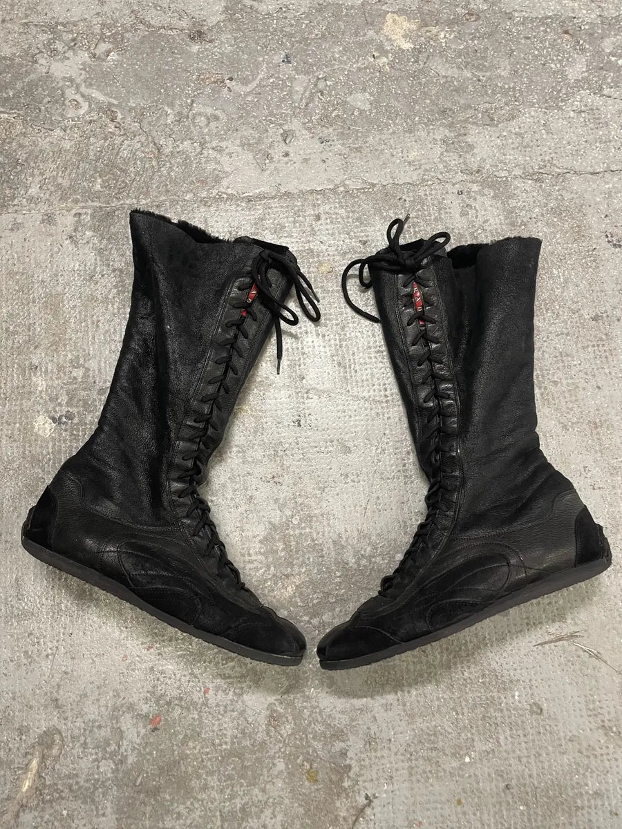 2000s Prada Dark Ankle Leather Laced Fur Boots (40eu/us7) 2