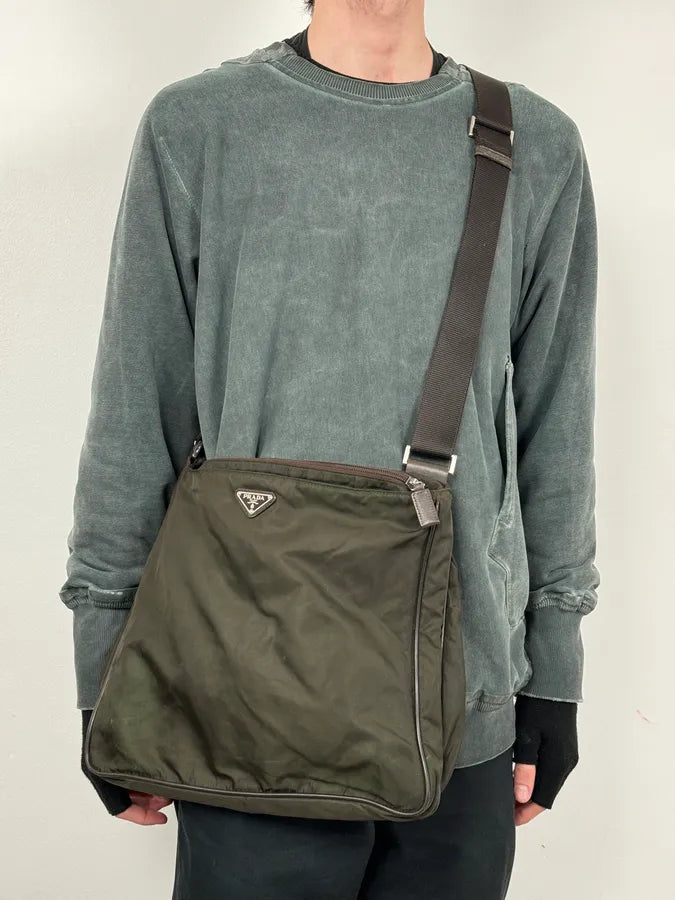 2000s Prada Dark Khaki Nylon Shoulder Bag XlAzkaS 1