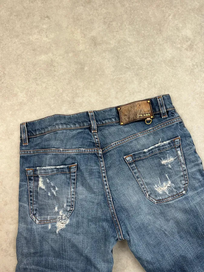 2000s Prada Distressed Straight Leg Blue Denim Jeans bKVaIiv 7