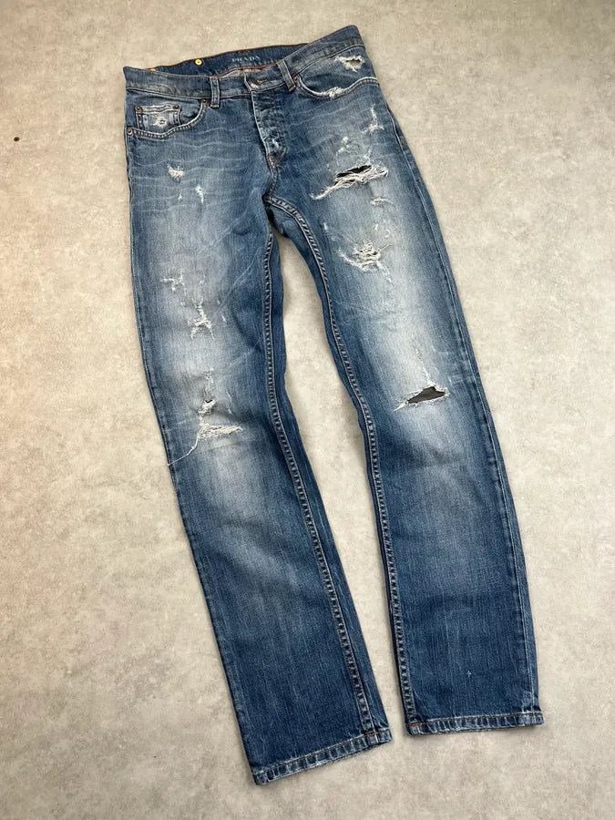 2000s Prada Distressed Straight Leg Blue Denim Jeans bKVaIiv 5