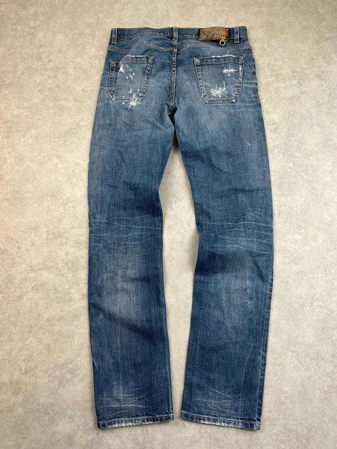 2000s Prada Distressed Straight Leg Blue Denim Jeans bKVaIiv 4