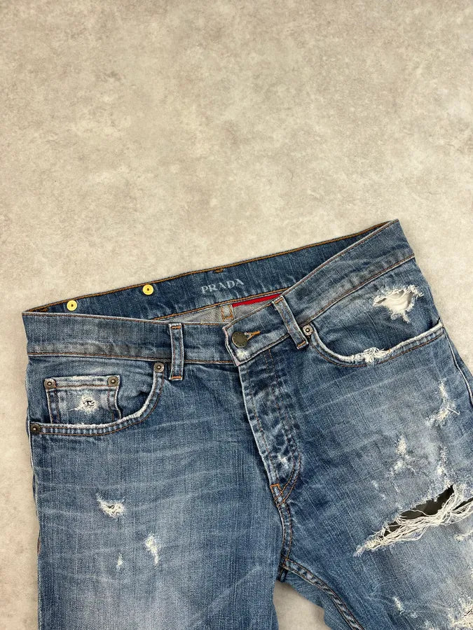 2000s Prada Distressed Straight Leg Blue Denim Jeans bKVaIiv 6