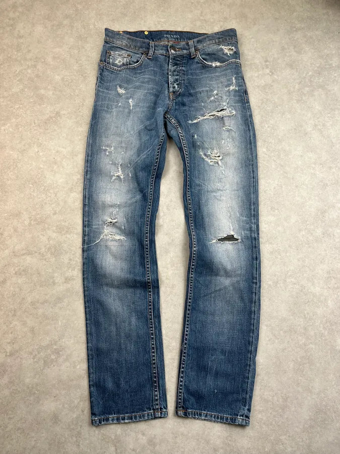 2000s Prada Distressed Straight Leg Blue Denim Jeans bKVaIiv 3