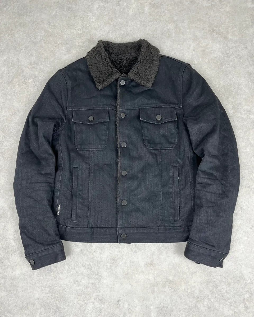 2000s Prada Faux Fur Black Denim Jacket DsSPKDZ 0