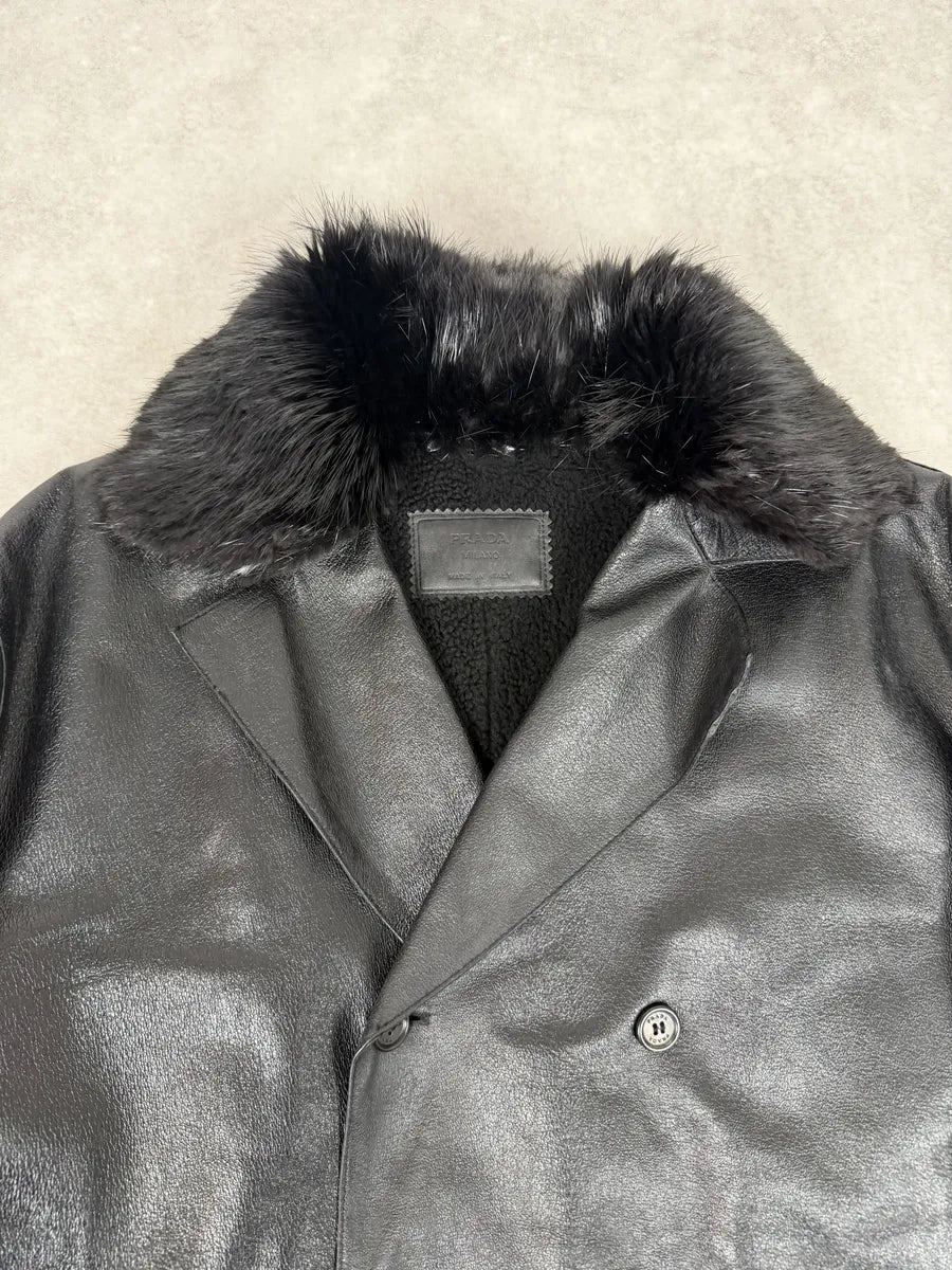 2000s Prada Fur Effect Collar Pure Black Leather Caban Jacket kyHoMMQ 7