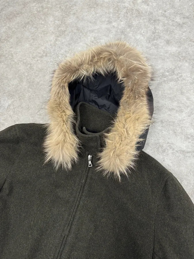 2000s Prada Fur Hood Green Wool Jacket iUeagVT 4