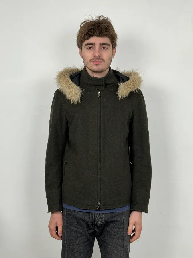 2000s Prada Fur Hood Green Wool Jacket iUeagVT 0