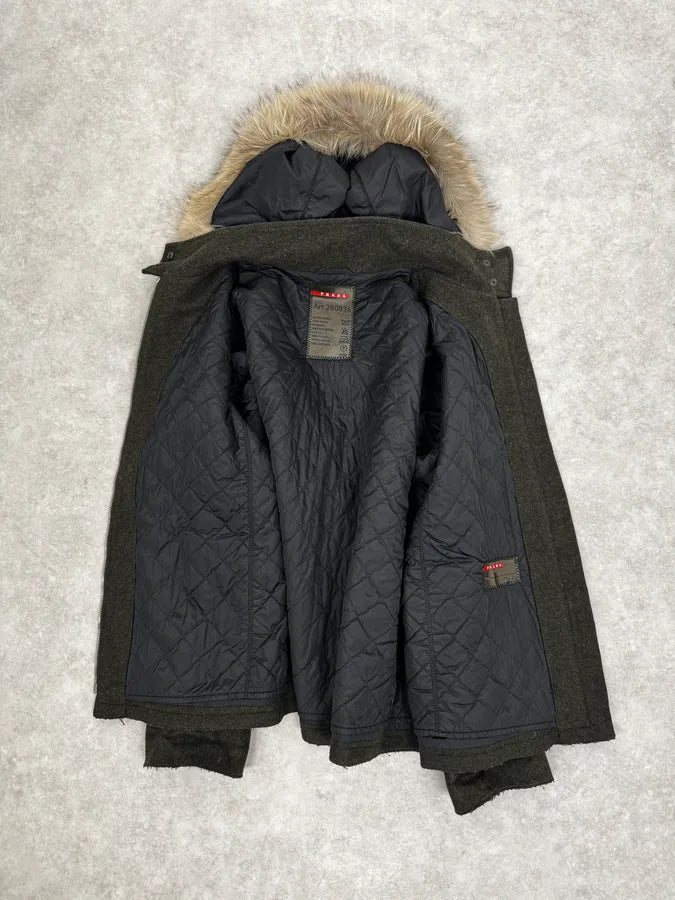 2000s Prada Fur Hood Green Wool Jacket iUeagVT 6