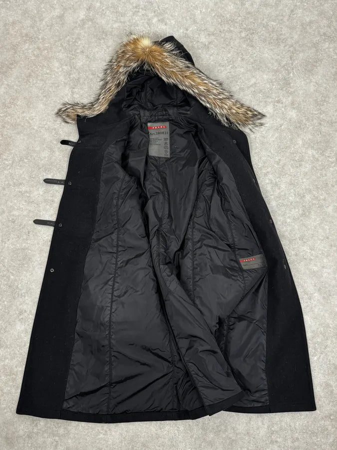 2000s Prada Fur Hooded Pins Straps Wool Long Jacket UxyfQFl 7