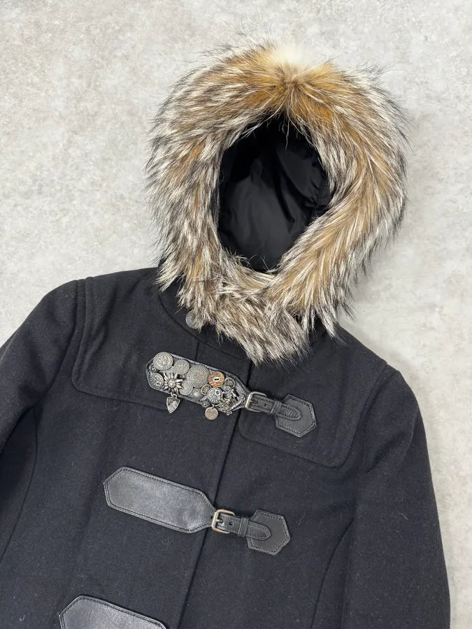 2000s Prada Fur Hooded Pins Straps Wool Long Jacket UxyfQFl 5