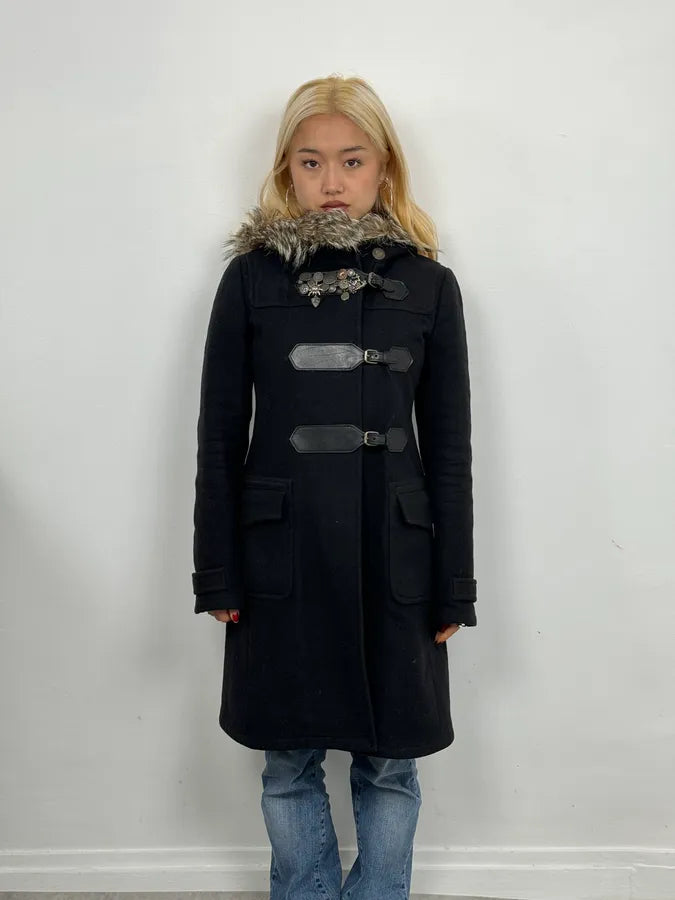 2000s Prada Fur Hooded Pins Straps Wool Long Jacket UxyfQFl 1