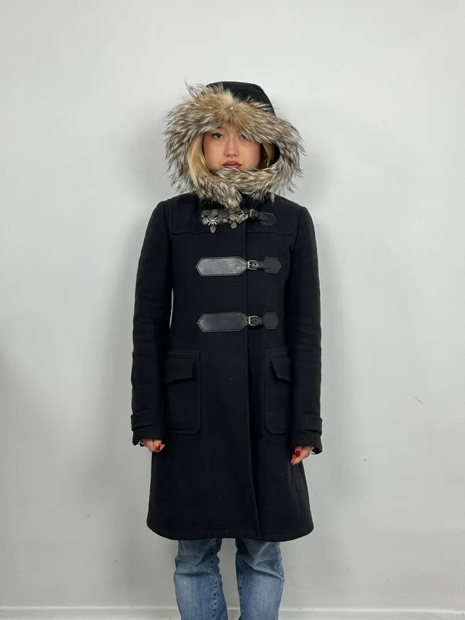 2000s Prada Fur Hooded Pins Straps Wool Long Jacket UxyfQFl 2