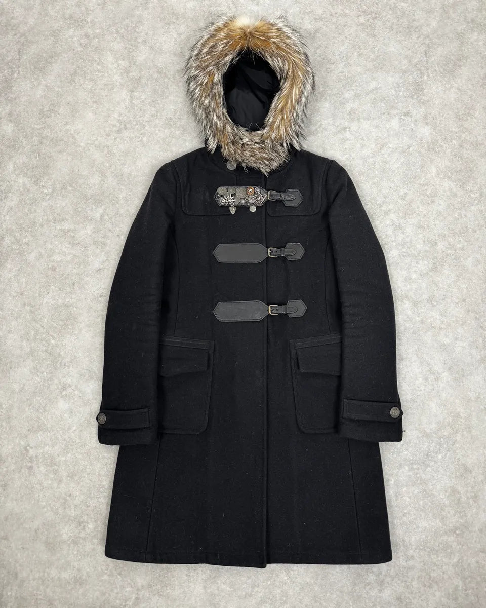 2000s Prada Fur Hooded Pins Straps Wool Long Jacket UxyfQFl 0
