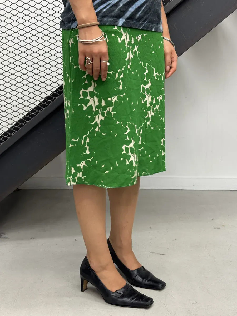 2000s Prada Green Silk Deer Print Skirt hheOhtd 1