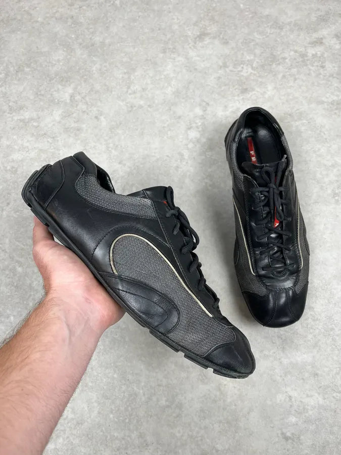 2000s Prada Black & Grey Leather Low Trainers Sneakers MZXIAap 0