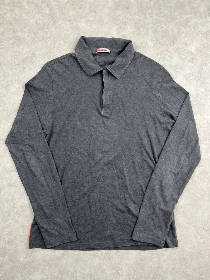 2000s Prada Grey Linea Rossa Contrast Stitch Longsleeve Polo gmFmogB 0