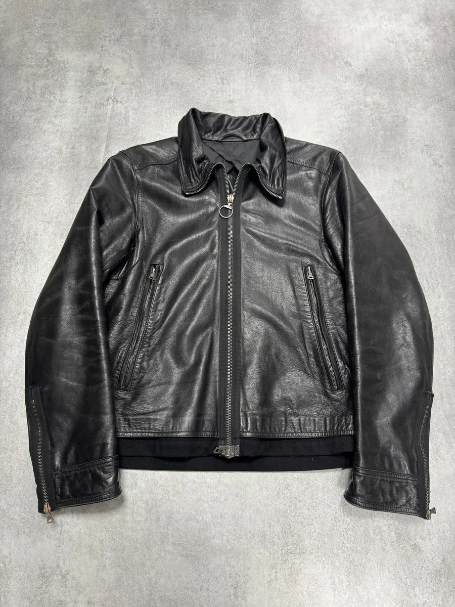 2000s Prada High Collar Black Leather Jacket (M) 0