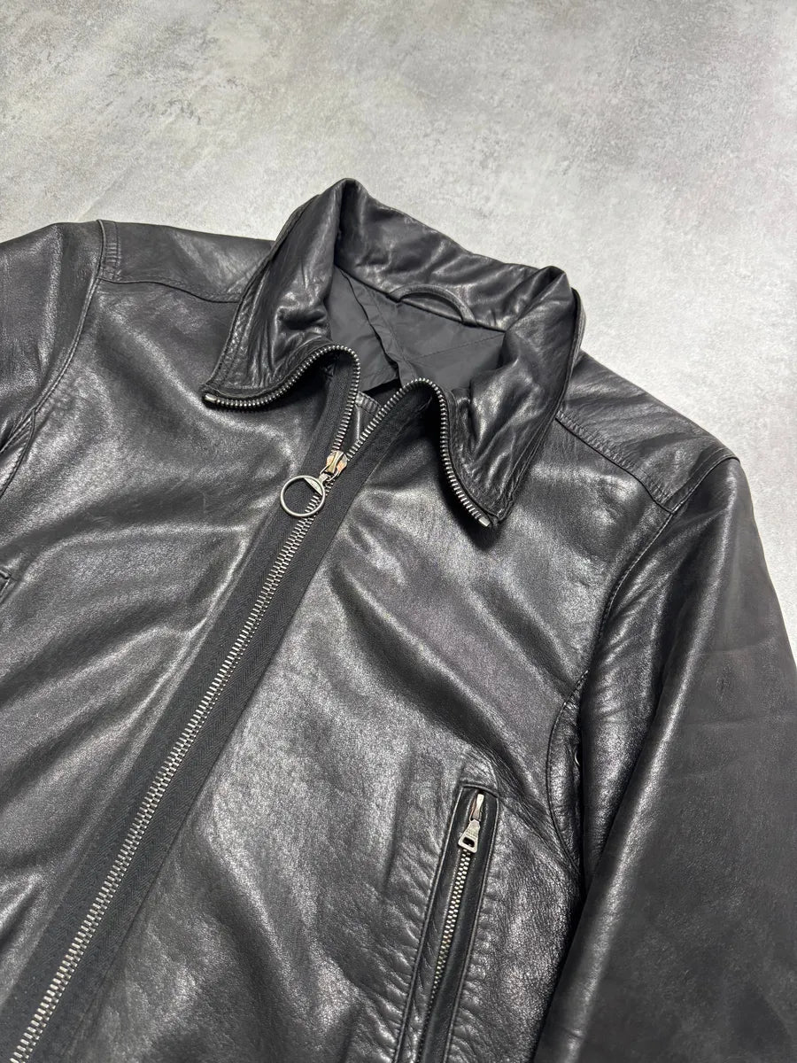 2000s Prada High Collar Black Leather Jacket (M) 1