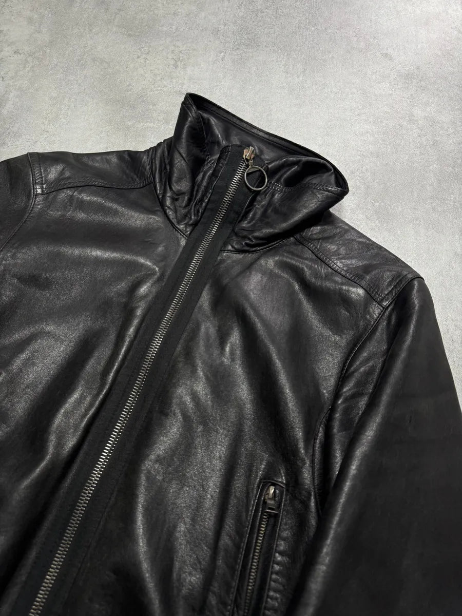 2000s Prada High Collar Black Leather Jacket (M) 12