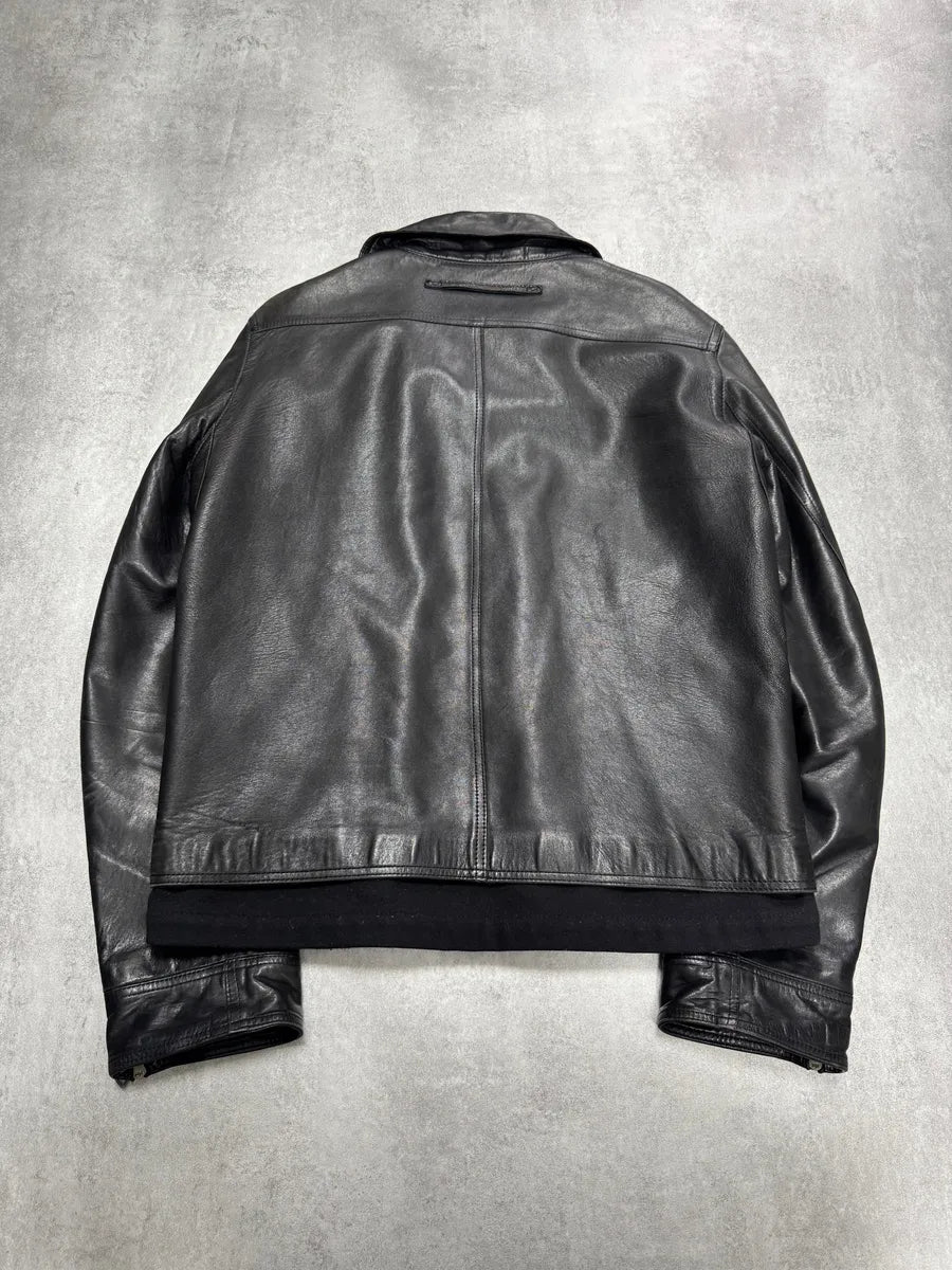 2000s Prada High Collar Black Leather Jacket (M) 2