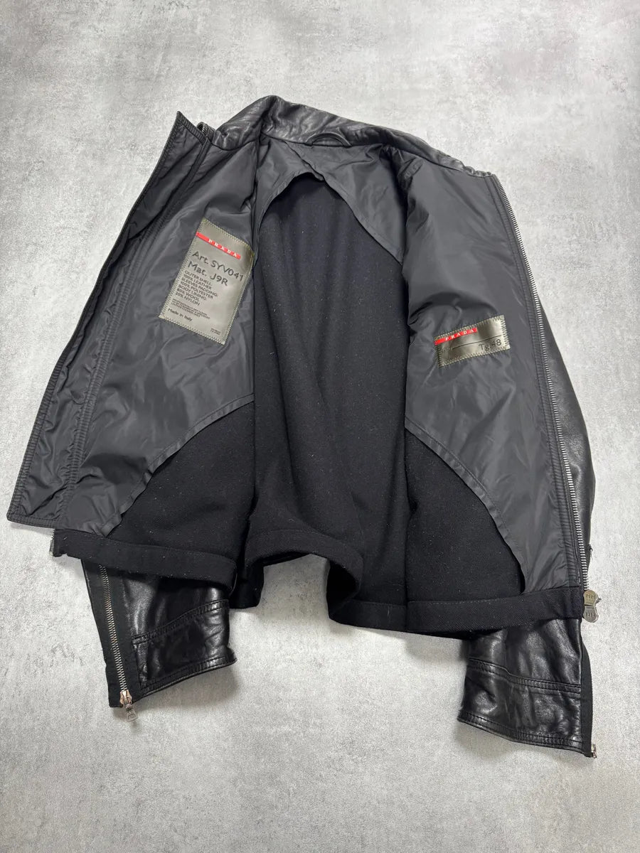 2000s Prada High Collar Black Leather Jacket (M) 3