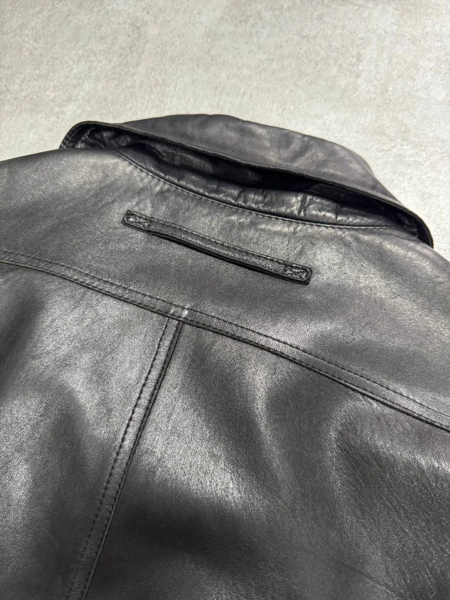 2000s Prada High Collar Black Leather Jacket (M) 4