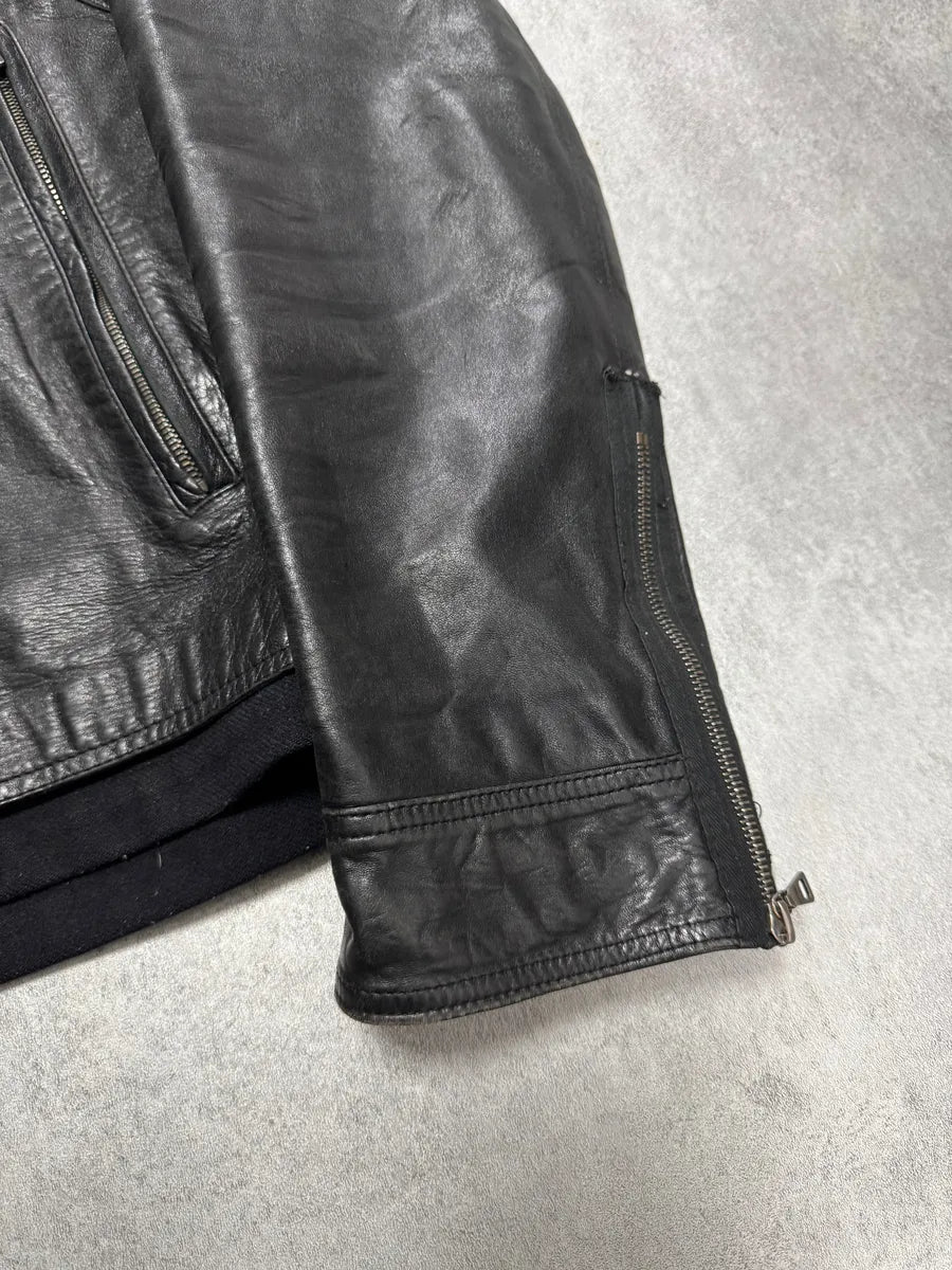 2000s Prada High Collar Black Leather Jacket (M) 5