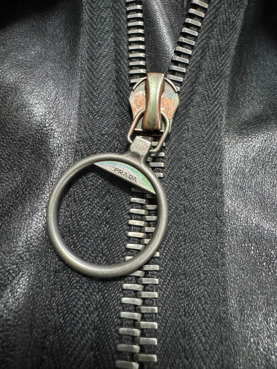 2000s Prada High Collar Black Leather Jacket (M) 6