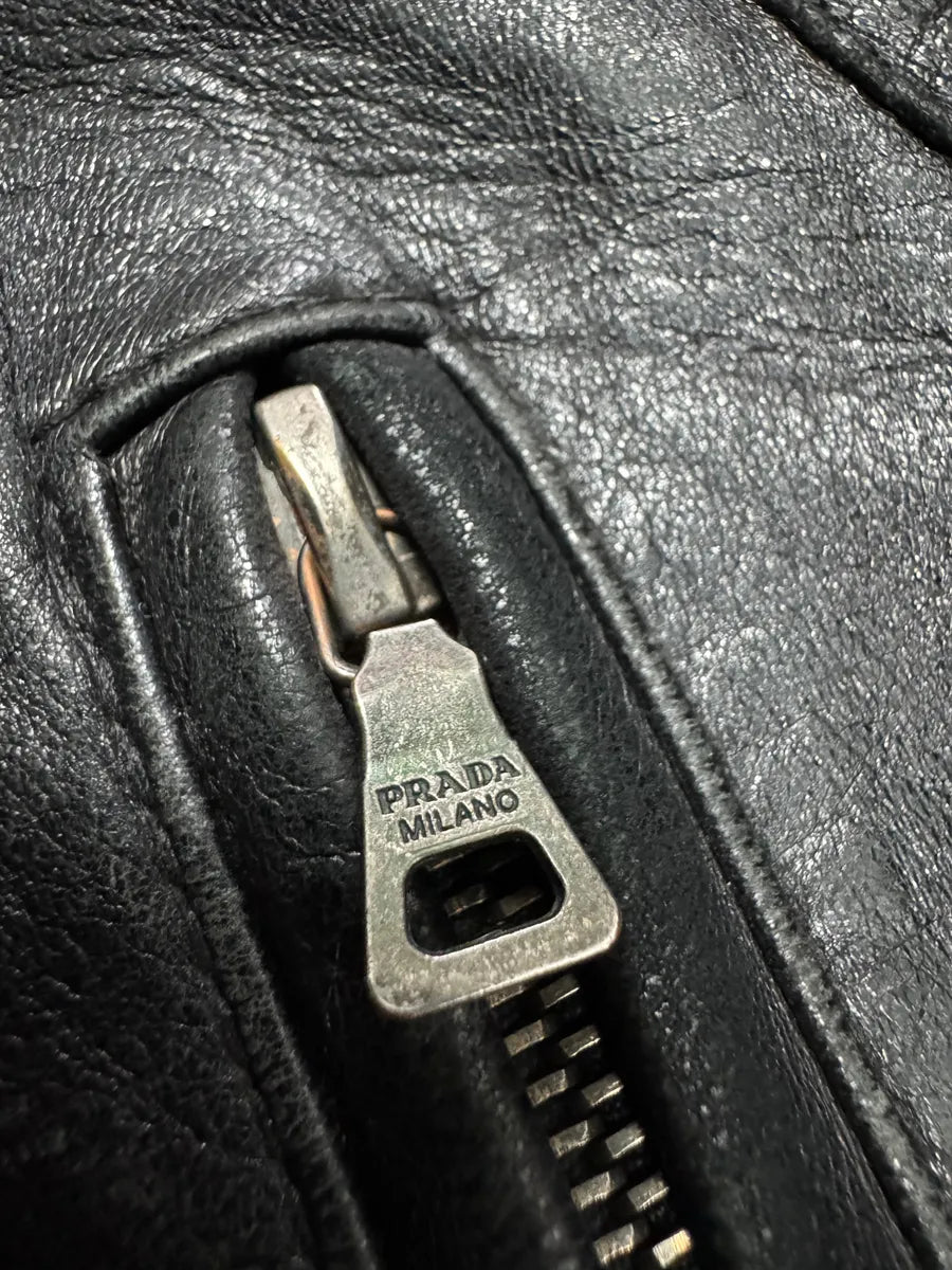 2000s Prada High Collar Black Leather Jacket (M) 7