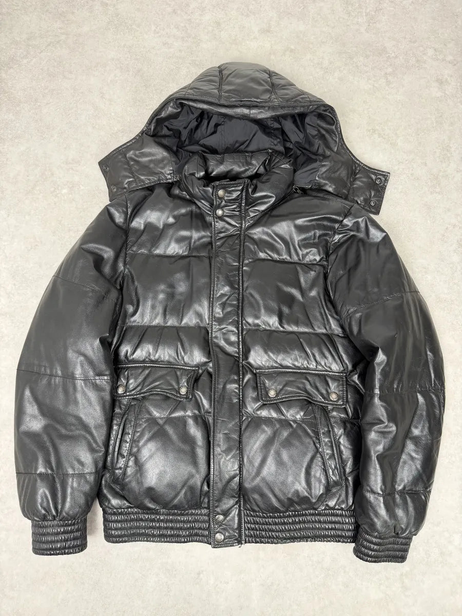 2000s Prada Hooded Black Leather Bomber Puffer Jacket sEvUULf 0