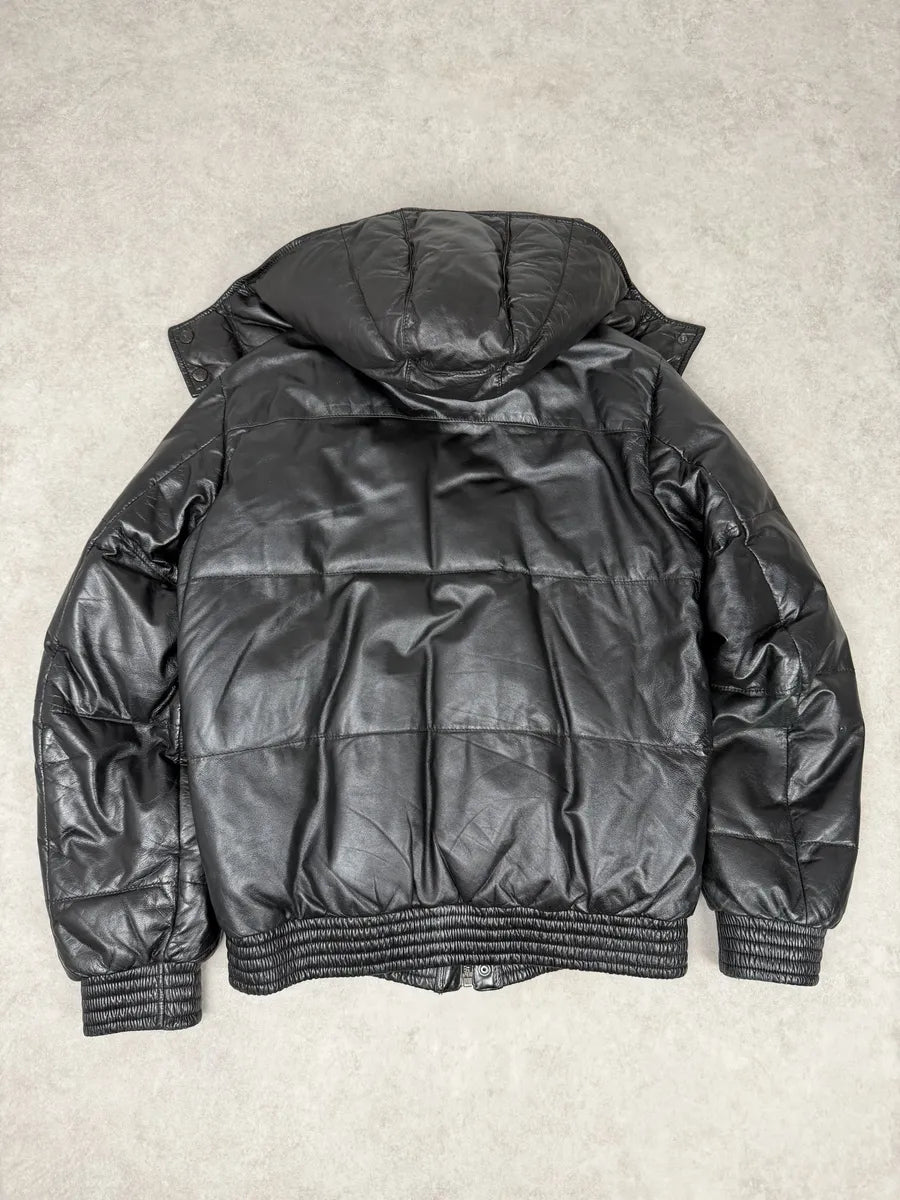 2000s Prada Hooded Black Leather Bomber Puffer Jacket sEvUULf 1