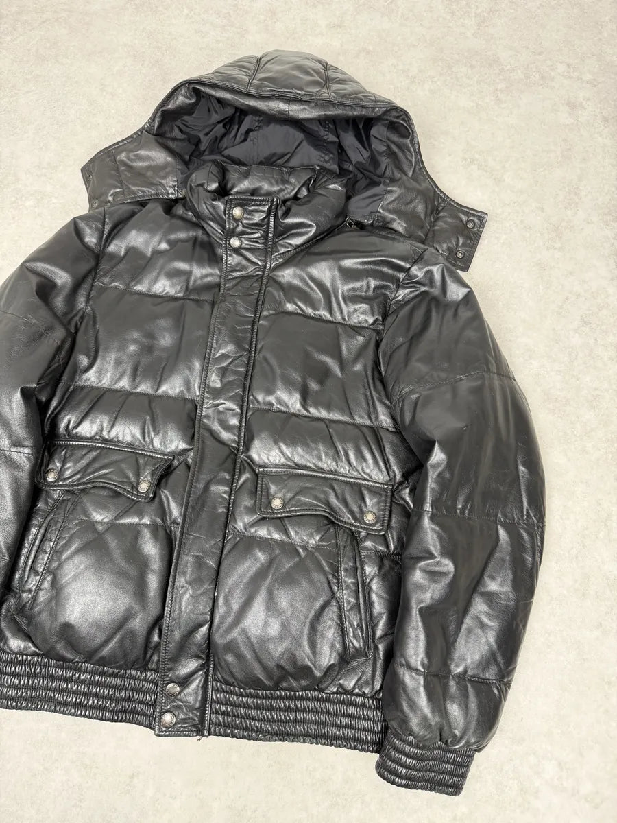 2000s Prada Hooded Black Leather Bomber Puffer Jacket sEvUULf 11