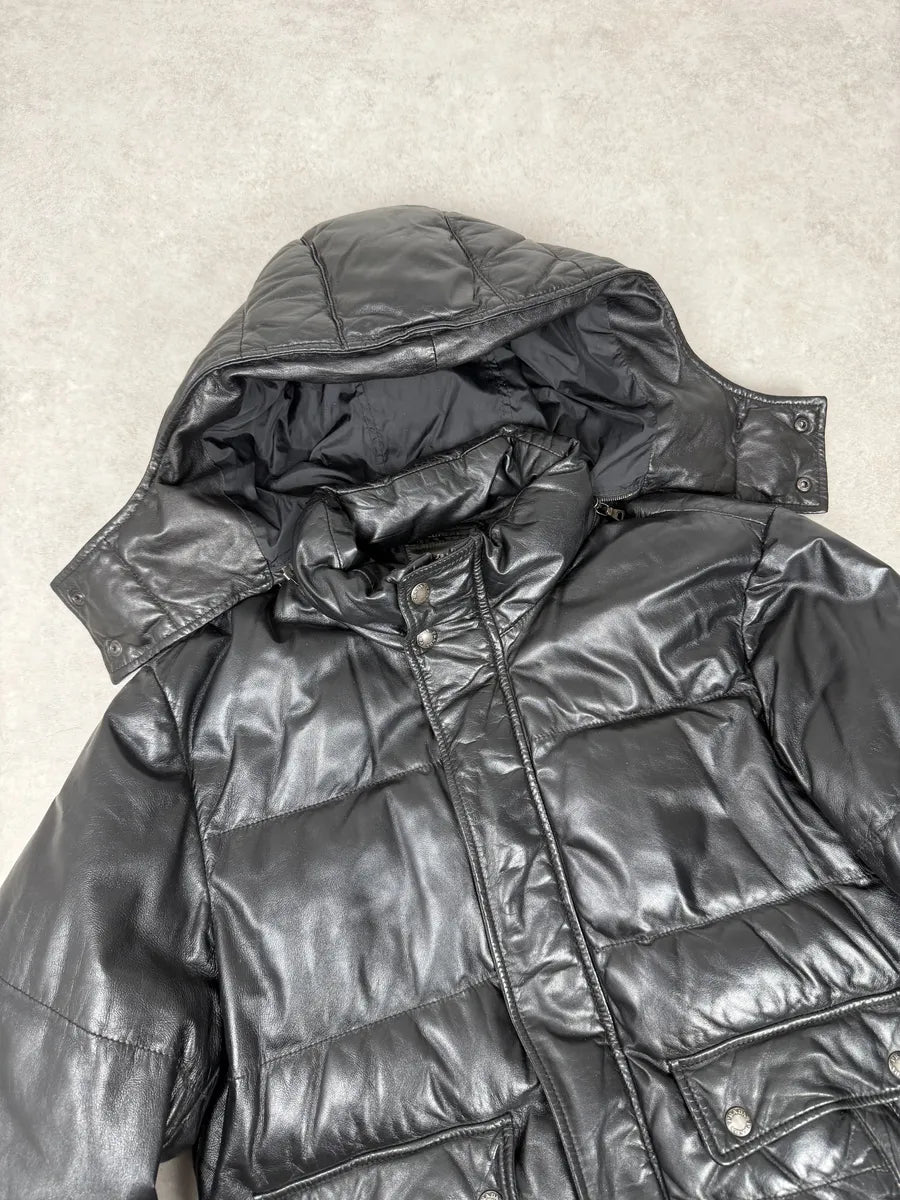 2000s Prada Hooded Black Leather Bomber Puffer Jacket sEvUULf 12