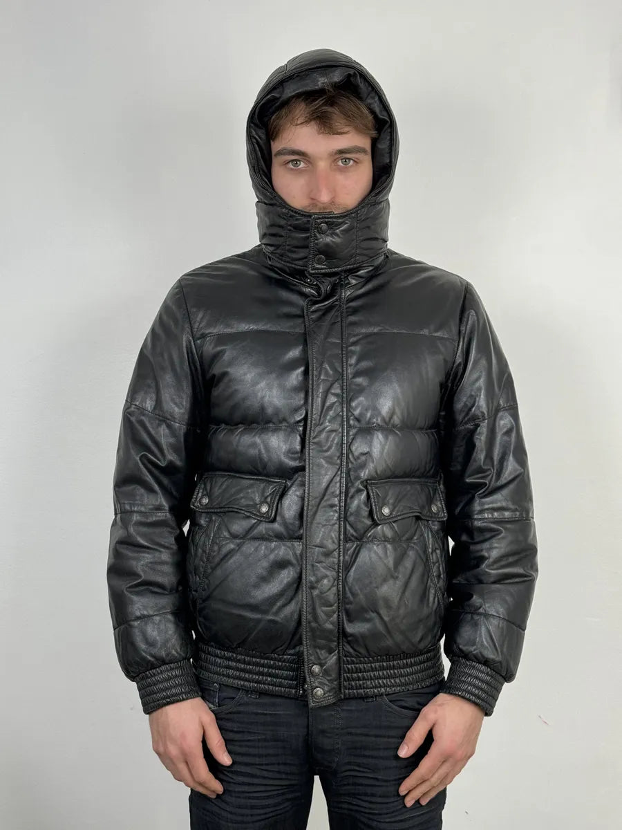 2000s Prada Hooded Black Leather Bomber Puffer Jacket sEvUULf 2