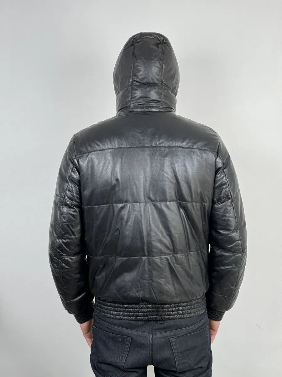 2000s Prada Hooded Black Leather Bomber Puffer Jacket sEvUULf 3