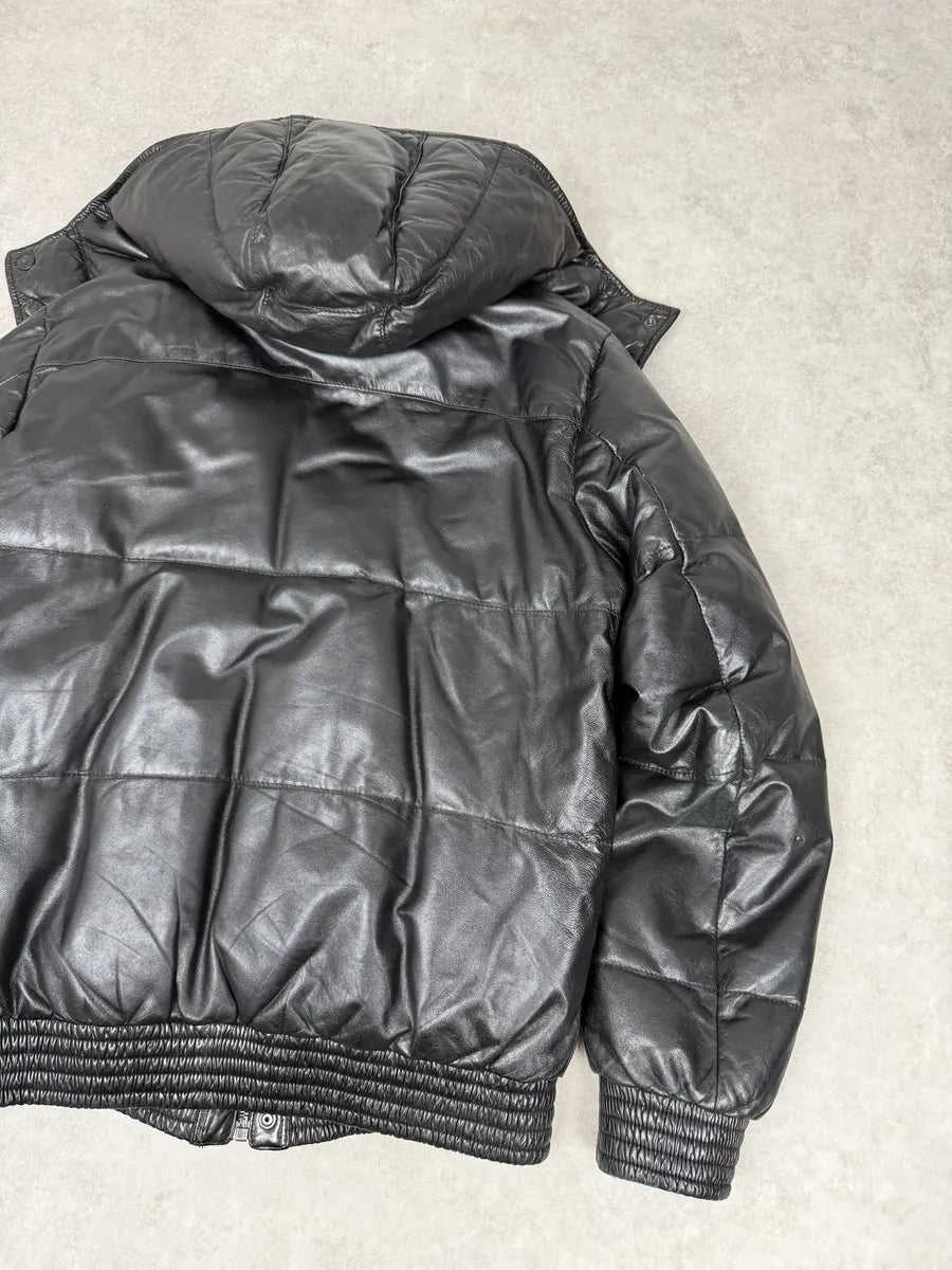 2000s Prada Hooded Black Leather Bomber Puffer Jacket sEvUULf 4