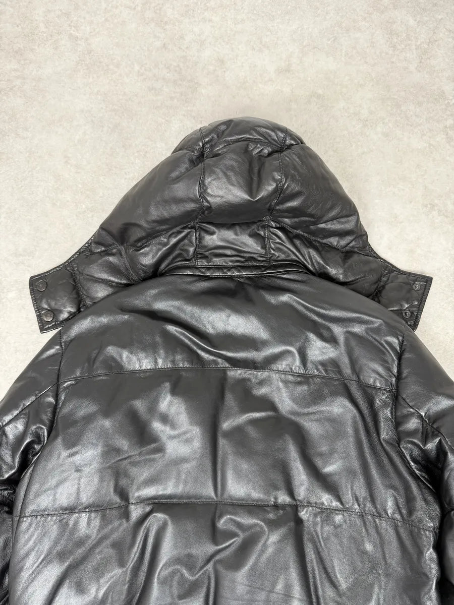 2000s Prada Hooded Black Leather Bomber Puffer Jacket sEvUULf 5