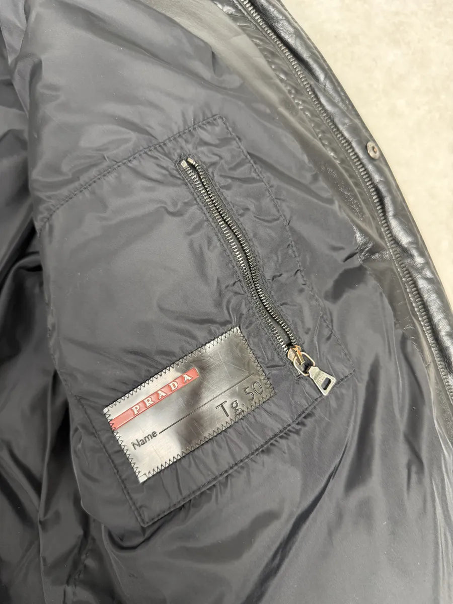 2000s Prada Hooded Black Leather Bomber Puffer Jacket sEvUULf 6
