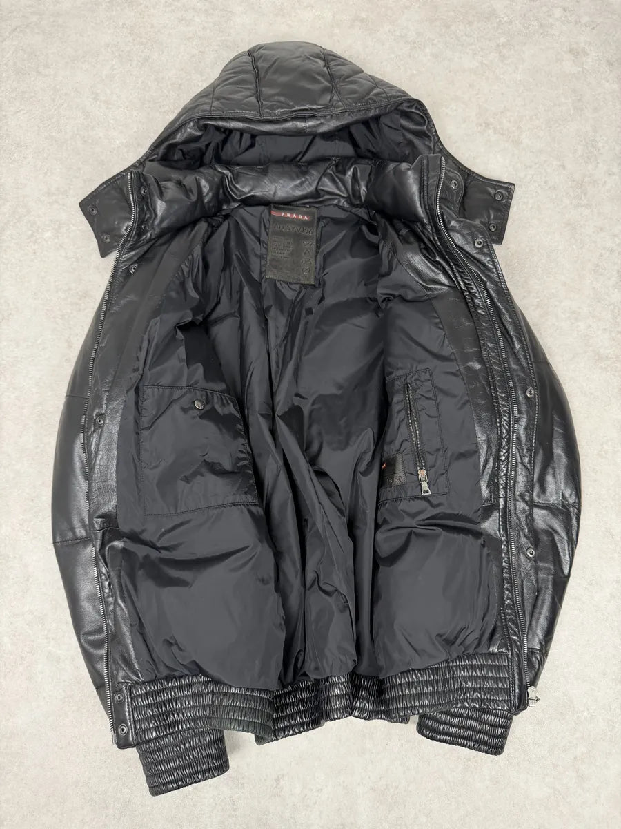 2000s Prada Hooded Black Leather Bomber Puffer Jacket sEvUULf 7