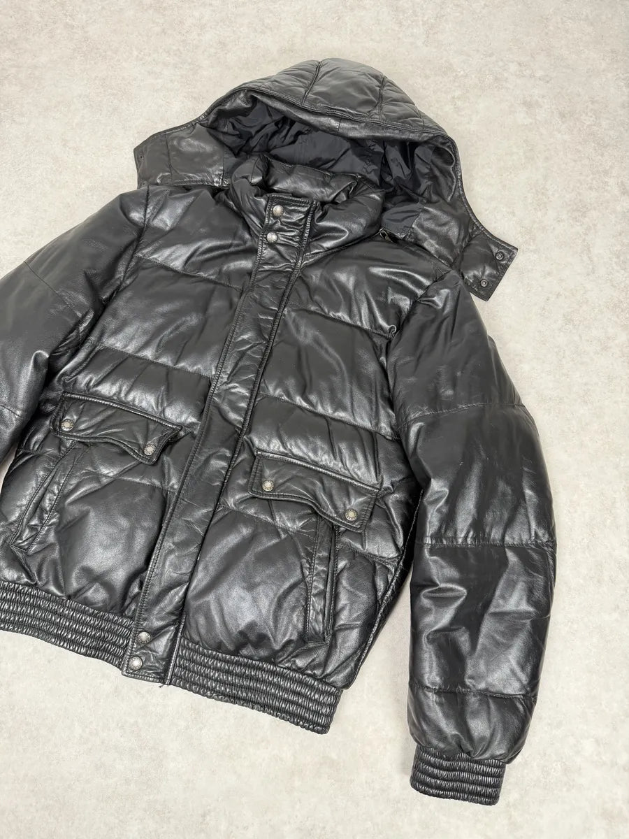 2000s Prada Hooded Black Leather Bomber Puffer Jacket sEvUULf 9