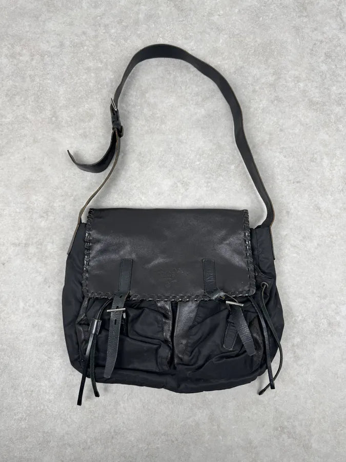 2000s Prada Hybrid Black Leather & Nylon Messenger Shoulder Bag vlAfoaA 0